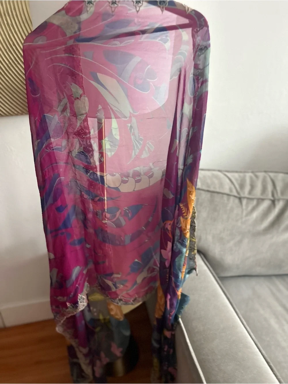 Vtg Floral Embroidery Wrap Scarf Pashmina Chiffon